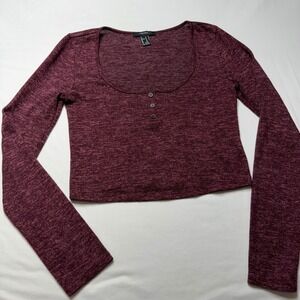 Forever 21 Womens Burgundy Marled Henley Scoop Neck Long Sleeve Crop Top Size M